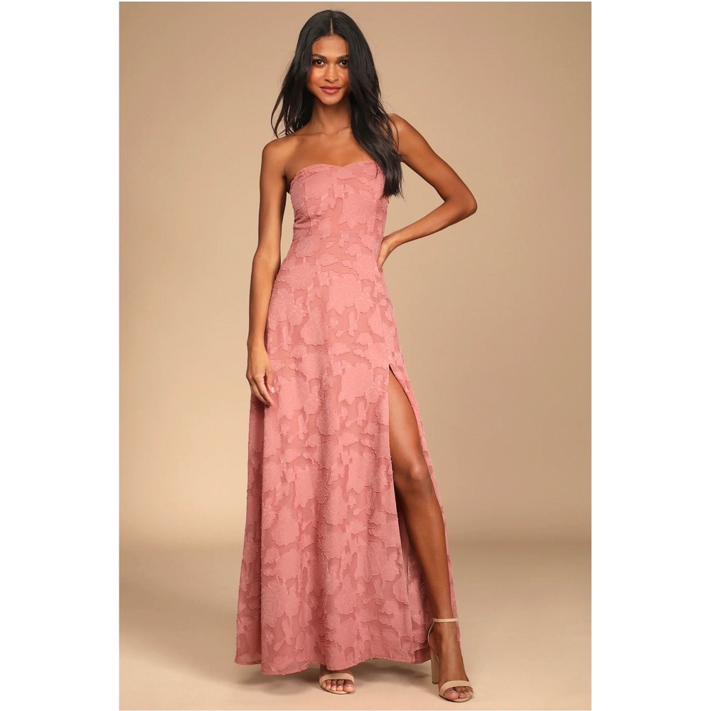 Lulus Garden of Romace Strapless Maxi Dress Floral Burnout Slit Rusty Rose M